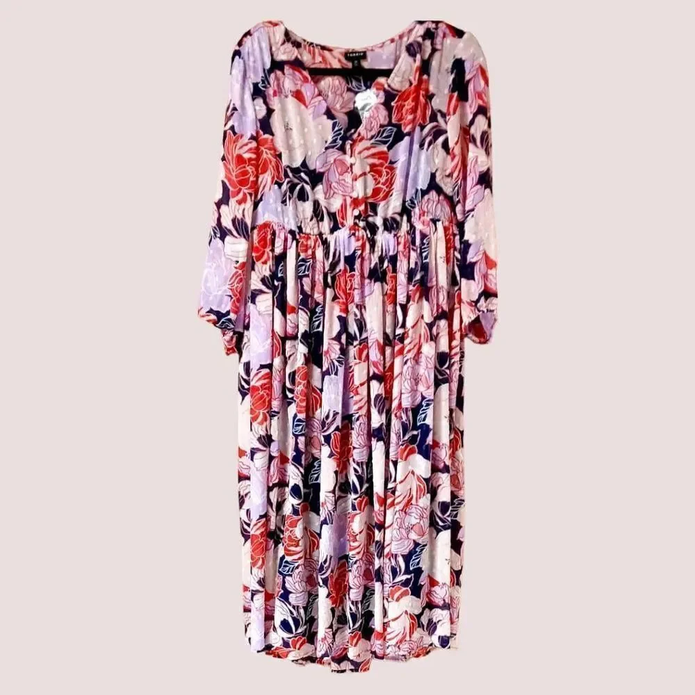 TORRID NEW Navy Floral Swiss Dot Button down Tea- Length Dress. - Picture 3 of 16